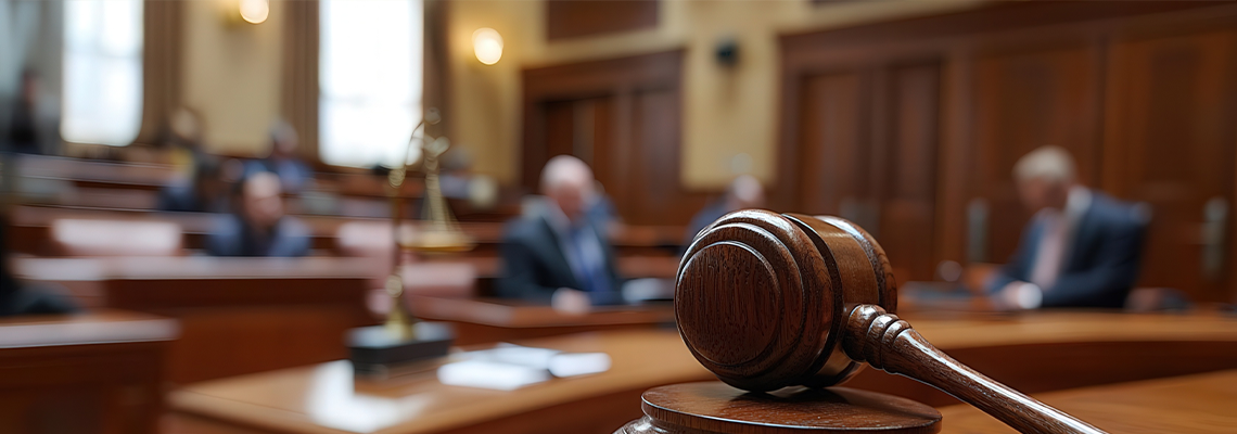 A close-up view of a gavel on a judge's bench in a courtroom setting