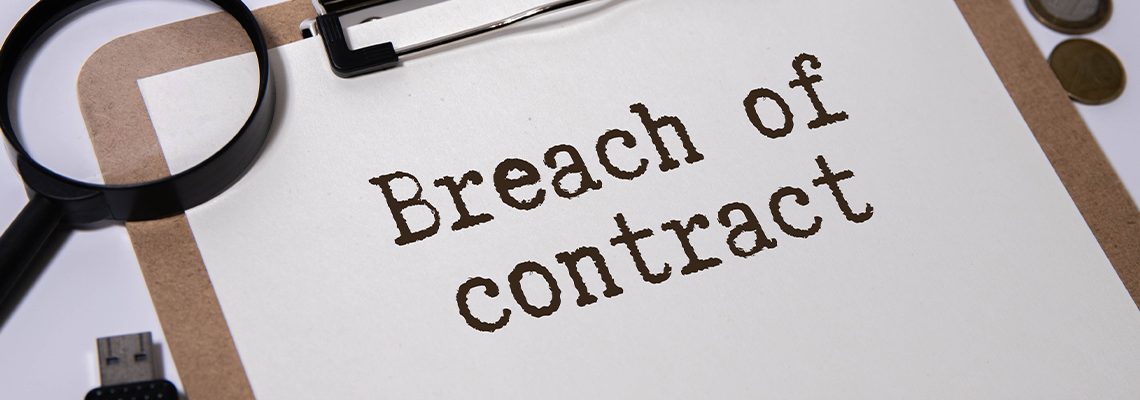 Breach of contract is shown using a text and photo of court gavel