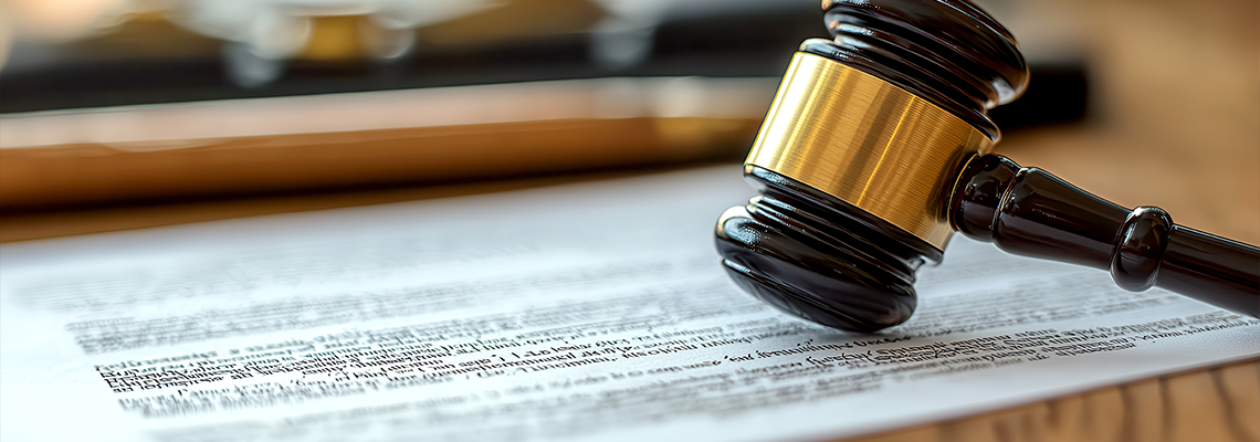 Close-up of a gavel resting on legal documents, symbolizing justice