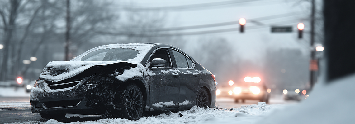 Damaged car sits abandoned in the snow after an accident on a cold, foggy winter day