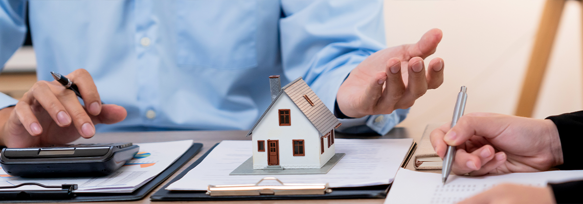 Home loan calculation, house with money, finance and valuation