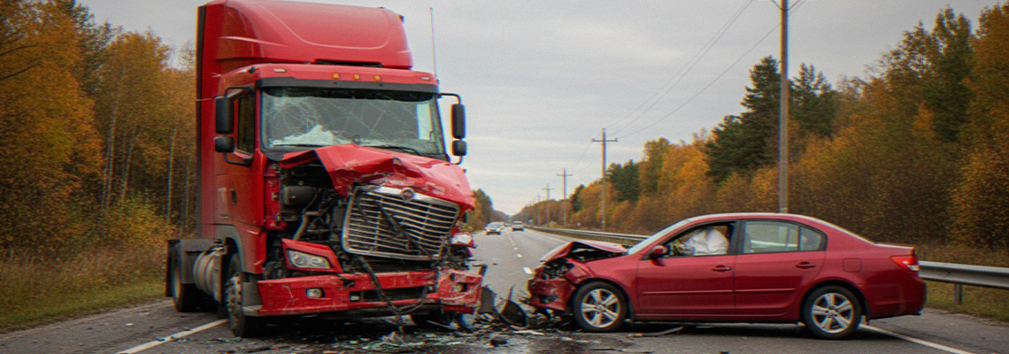 A serious head-on collision between a red semi-truck and a red passenger car