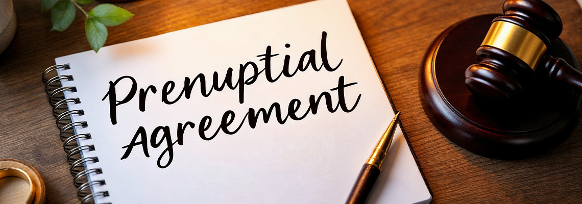 Prenuptial Agreement Document on Rustic Wooden Desk with Gavel