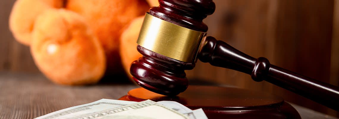 Gavel On Top of Money with Teddy Bear in Background