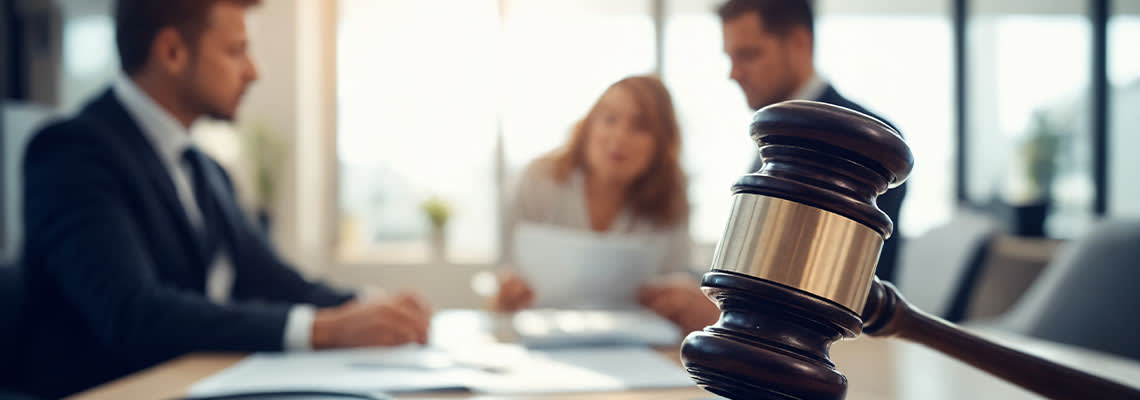 Gavel with attorney providing legal consultation to clients in background