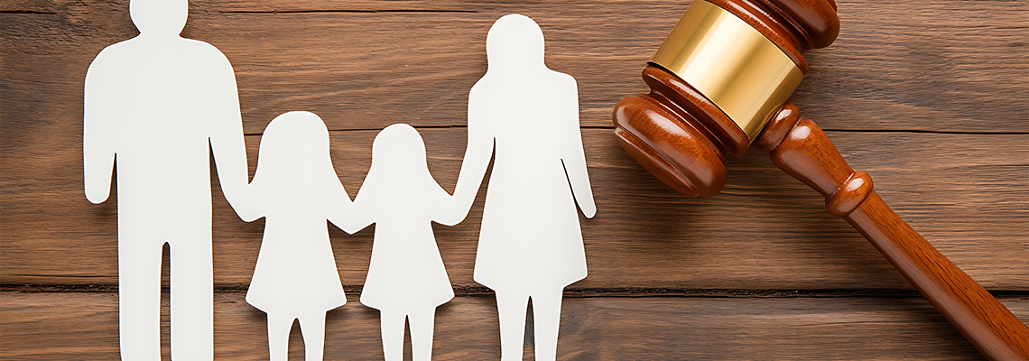 Family Law: Paper family and a gavel on wood