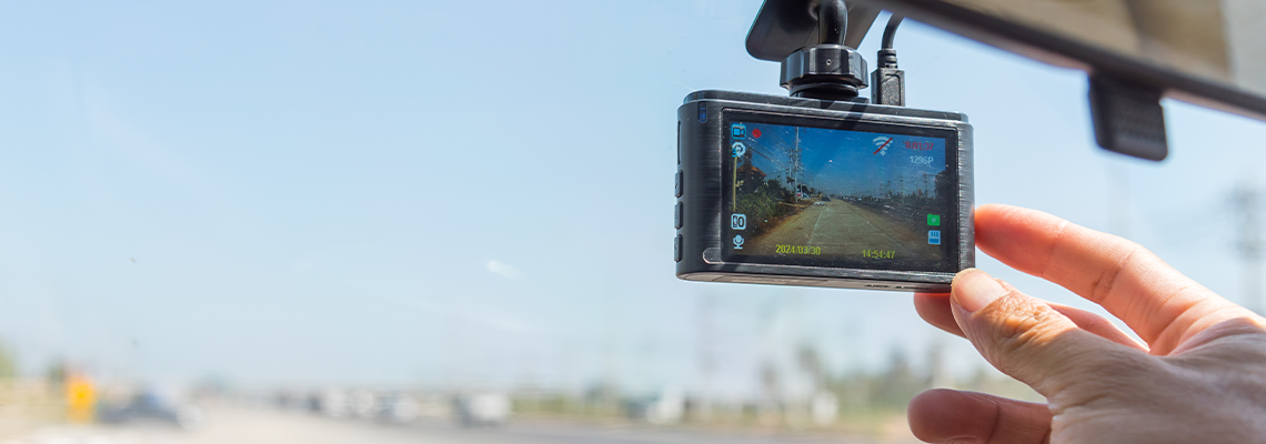 Closeup to dash camera in the car
