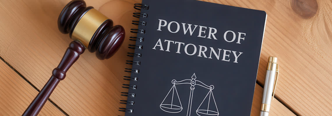 Power of attorney document with wooden gavel on desk