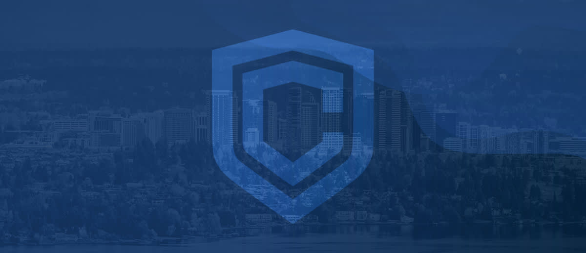 blue logo and skyline