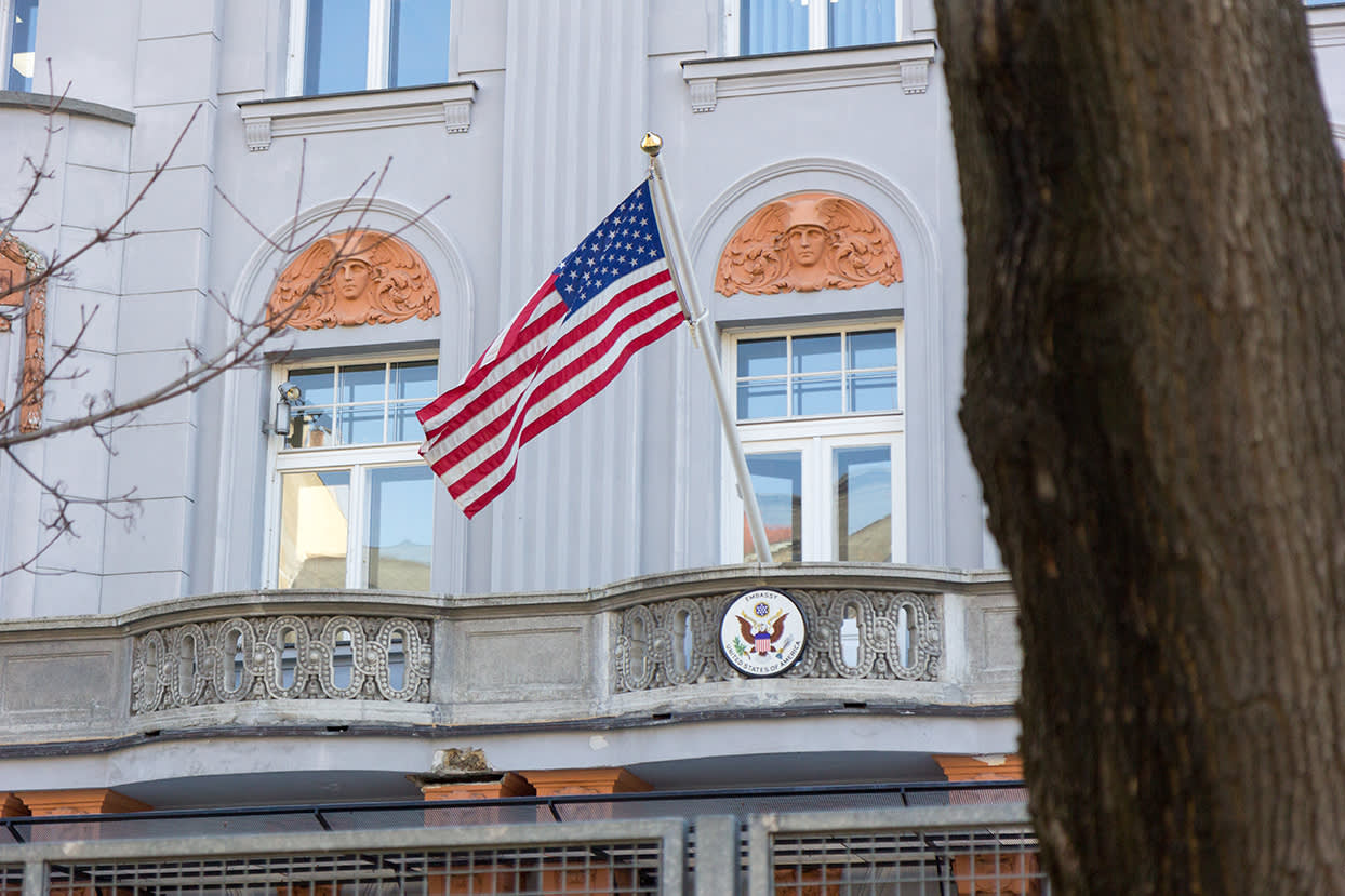 United States flag hung at the balcony of US Embassy
