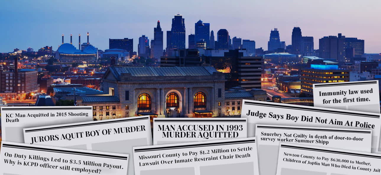 Kansas City skyline surrounded by news articles