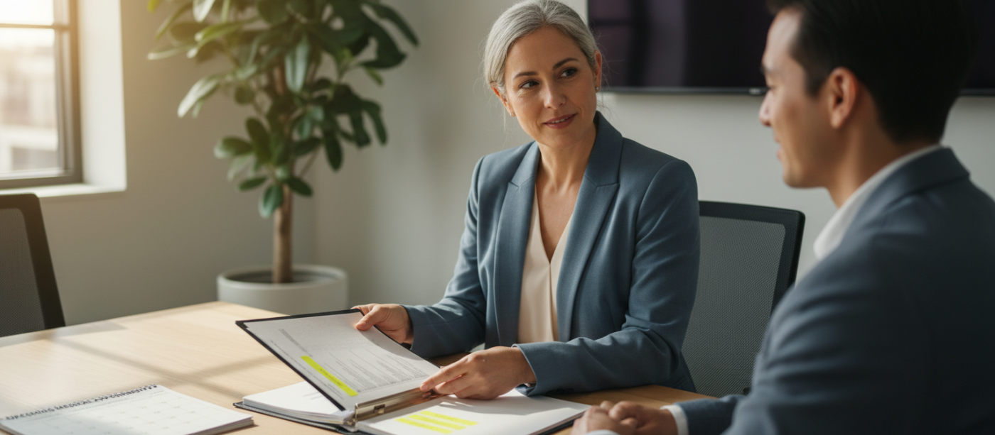 Attorney and client at a conference table reviewing a neatly organized claim folder with sticky notes and a visible calendar, captured over the folder with warm natural window light highlighting supportive expressions.