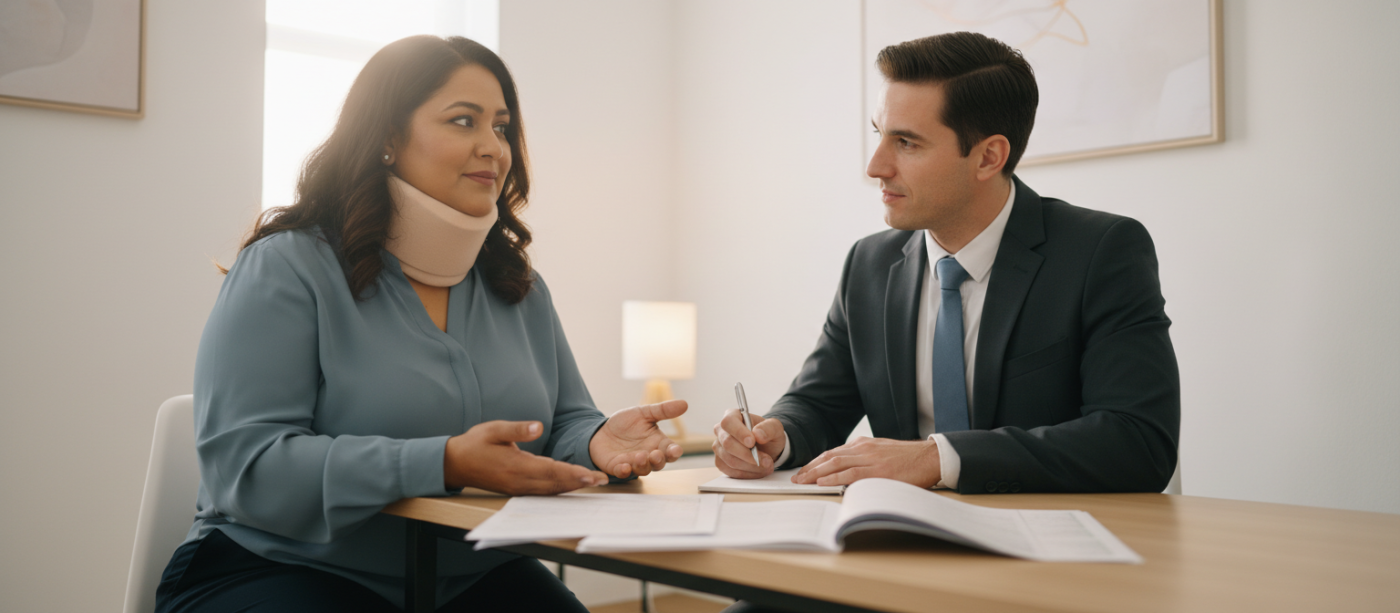 A calm office consultation showing a client wearing a neck brace speaking with a lawyer across a table with medical records and a notepad, in warm natural light and a supportive, professional atmosphere.