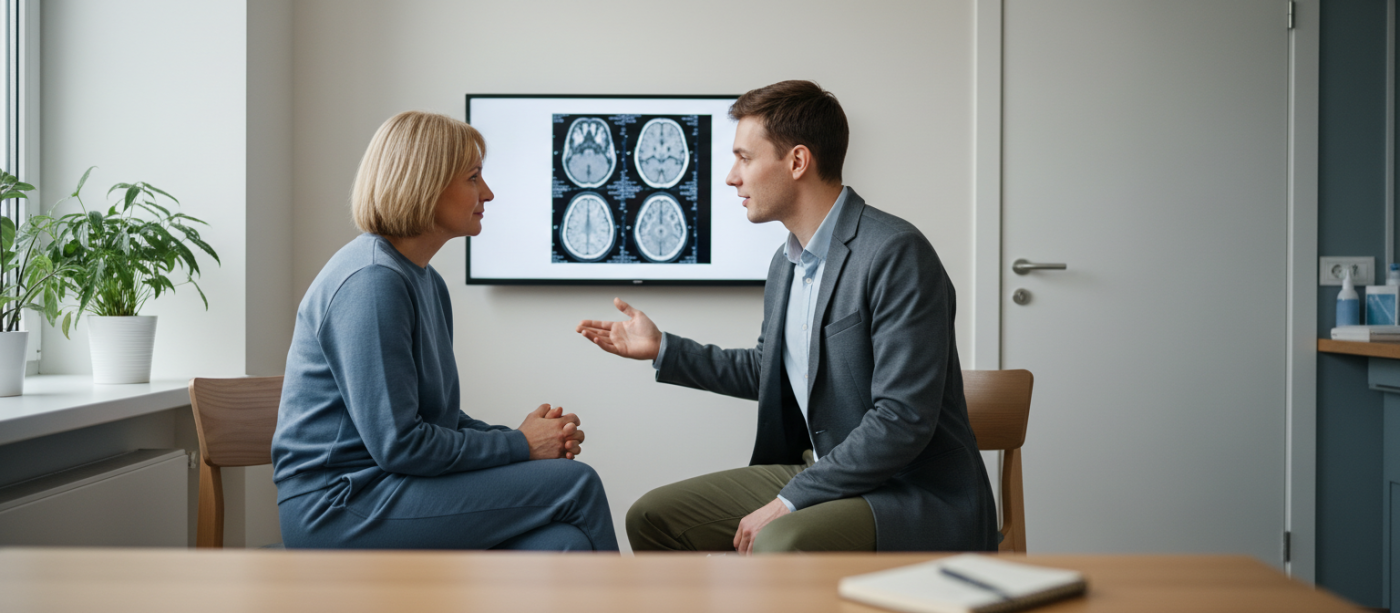 A clinician and patient sit in a bright exam room reviewing a brain MRI on a wall-mounted screen, the clinician points to the image while the patient listens attentively in a warm, uncluttered clinical setting.