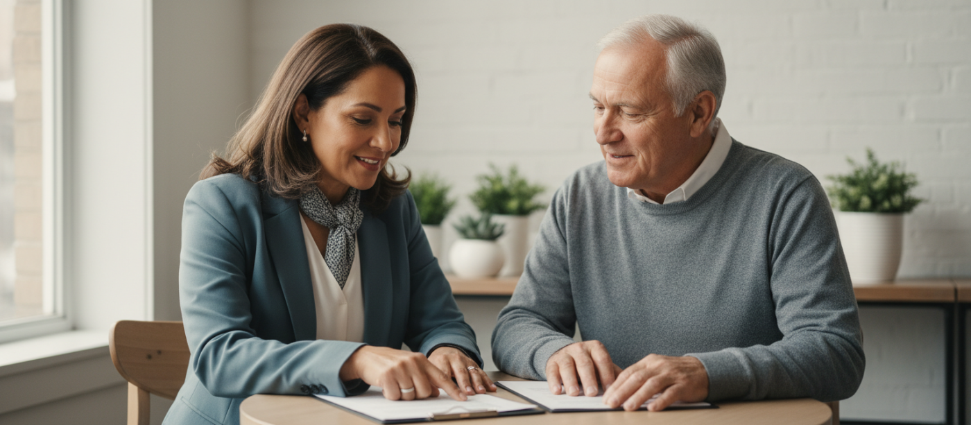 Attorney reviewing an older client's documents in a modern office