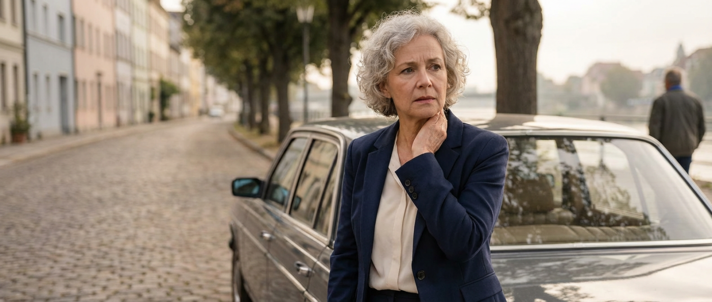 Commuter leaning against a parked car on a quiet early-morning tree-lined street, holding her neck and looking thoughtful in soft diffused light to convey calm concern and support.