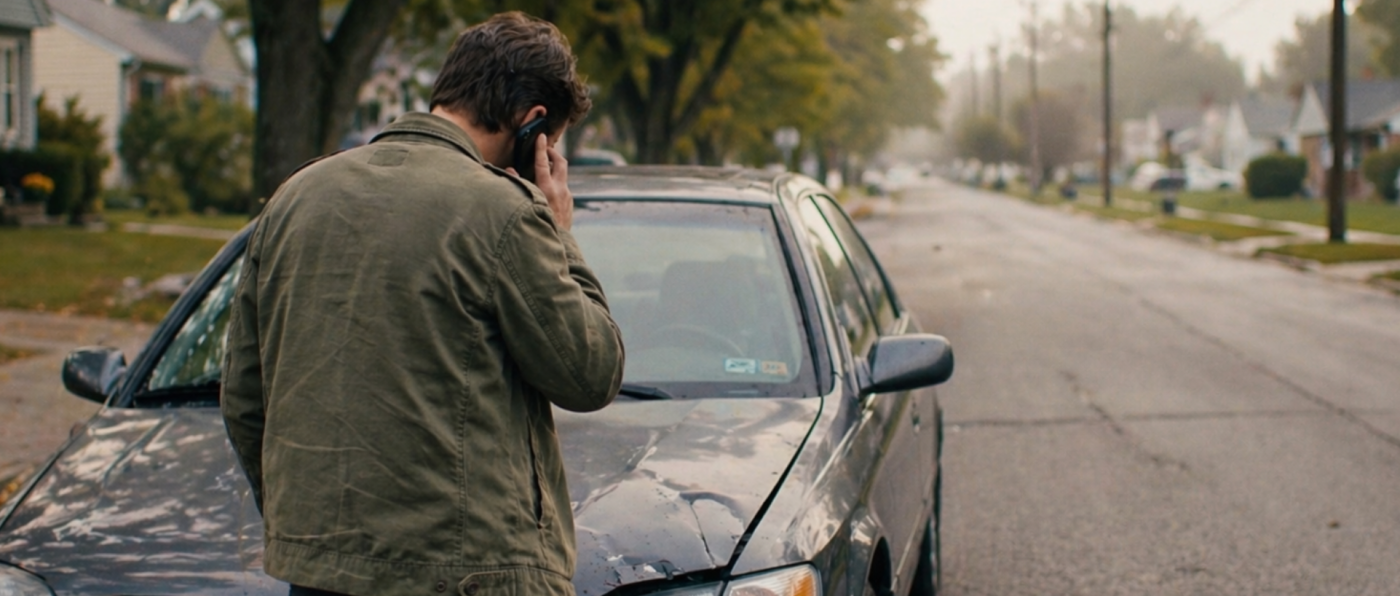 Early-morning roadside scene showing an adult leaning on a parked sedan while speaking on a phone, with a quiet residential street in soft, natural light and a supportive, calm mood.