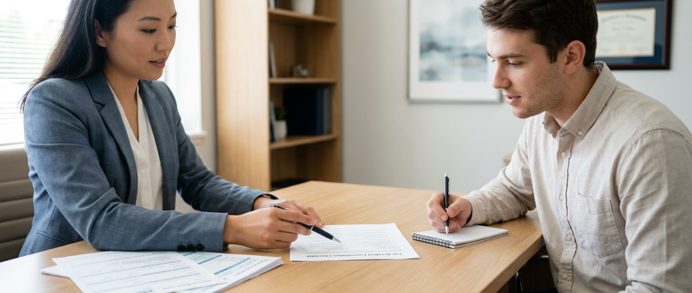 Close-up of an attorney and client reviewing organized car accident consultation papers on a clean desk in a calm, softly lit law office.