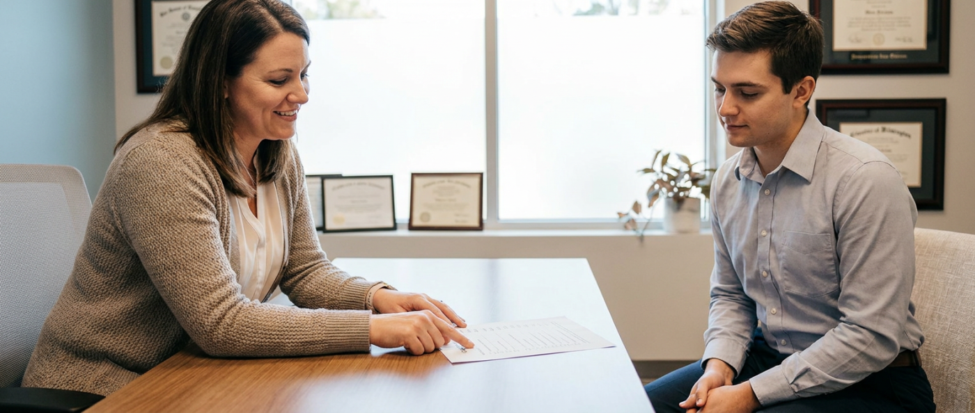 Attorney and client reviewing checklist in an office.