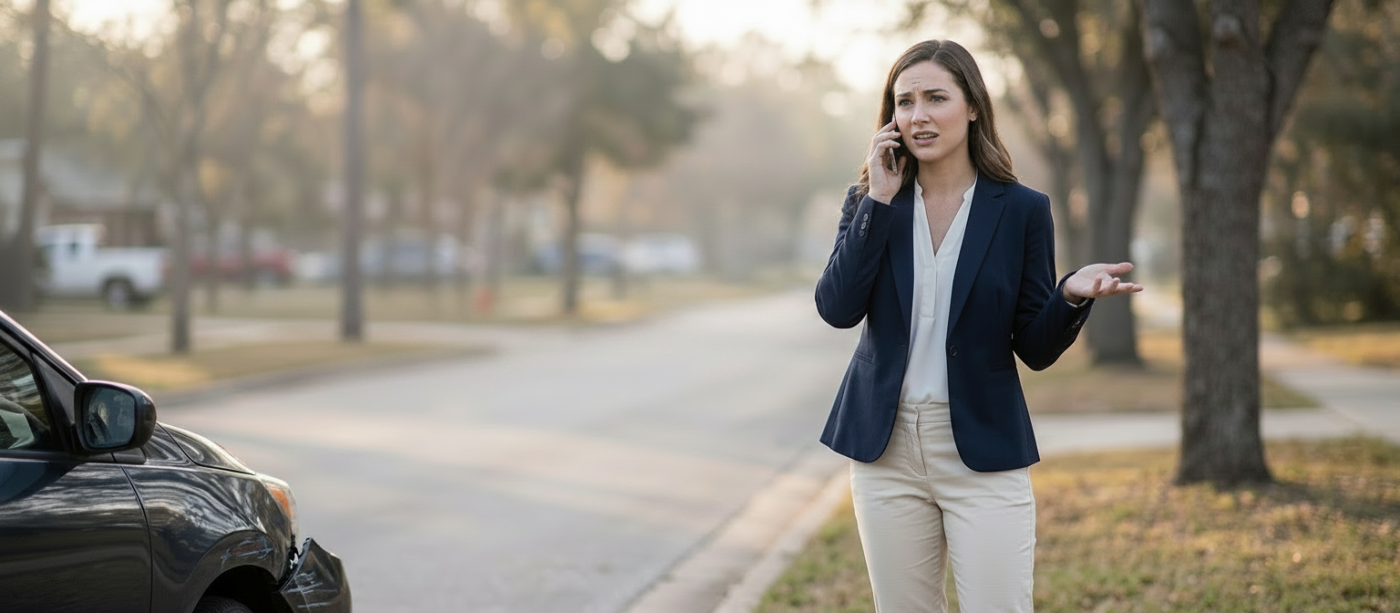 Early-morning scene of a driver on the phone gesturing while documenting a minor car collision at a quiet suburban road.