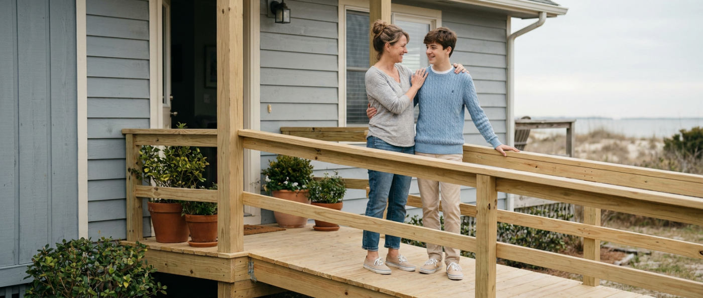 Family entering new home with an accessible ramp.