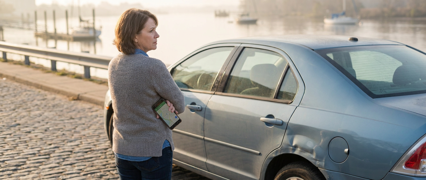 Concerned mother facing a car near the water.
