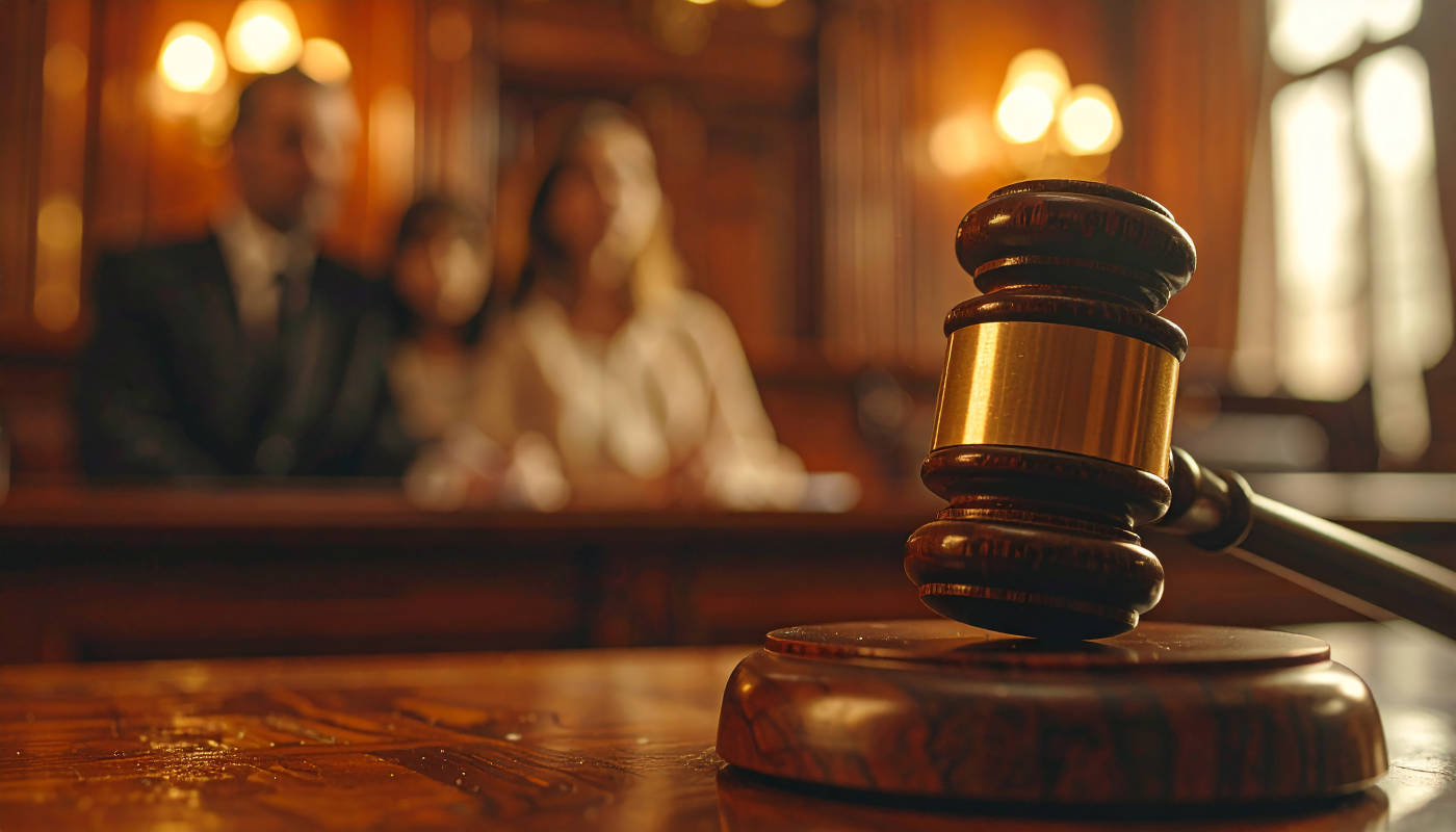 Gavel on table with family in background