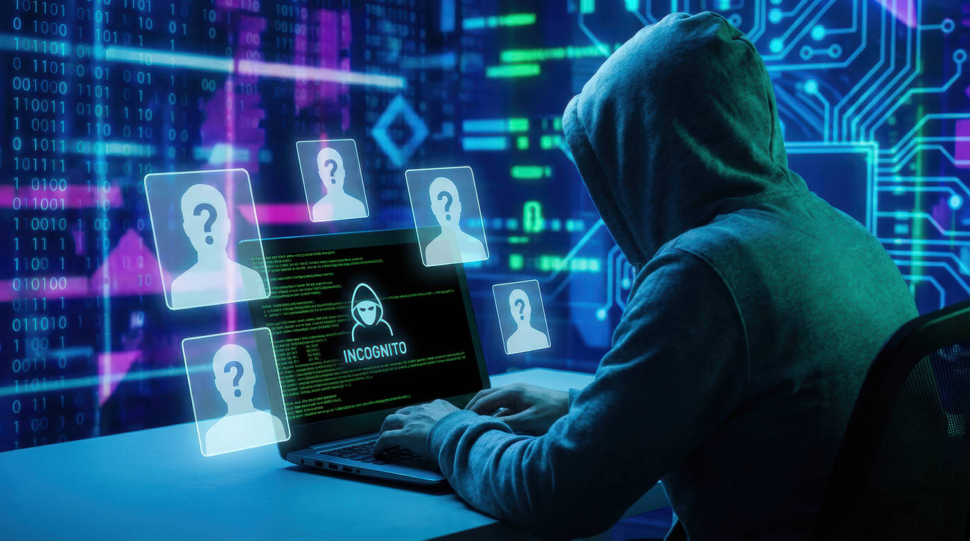 Hooded male hacking digital identity