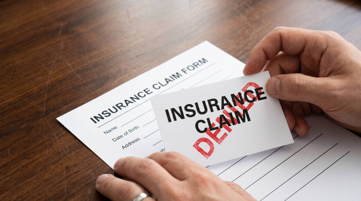 Person holding a white card with denied text over an official insurance claim form