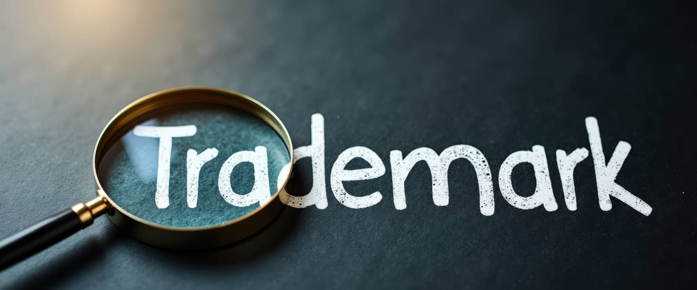 Trademark word behind magnifying glass