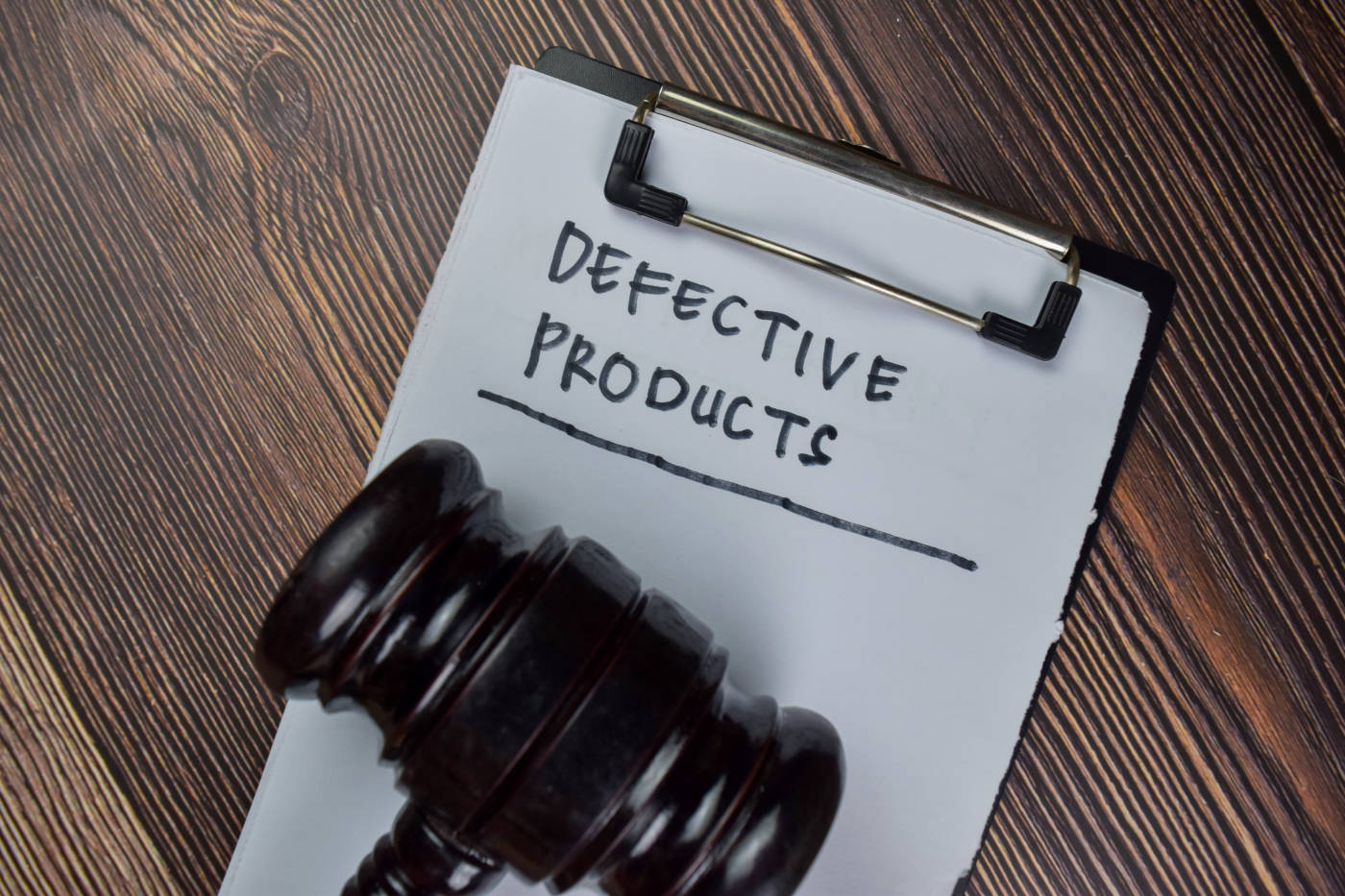 Defective Products written on a paper alongside gavel