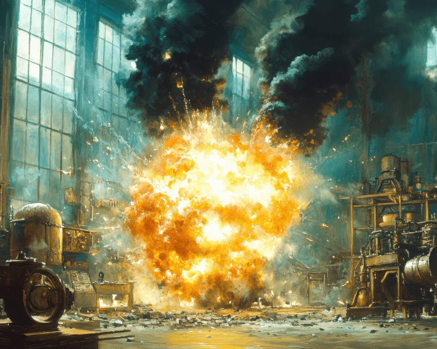 Explosion and Smoke Amidst Machinery and Debris inside factory