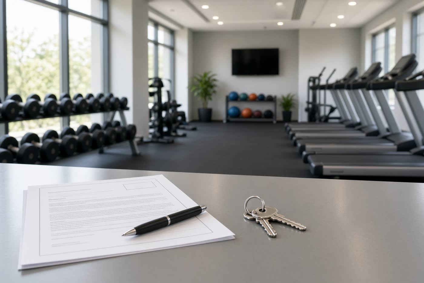 Empty gym with a commercial lease and keys on the front desk, illustrating force majeure in an Ontario lease