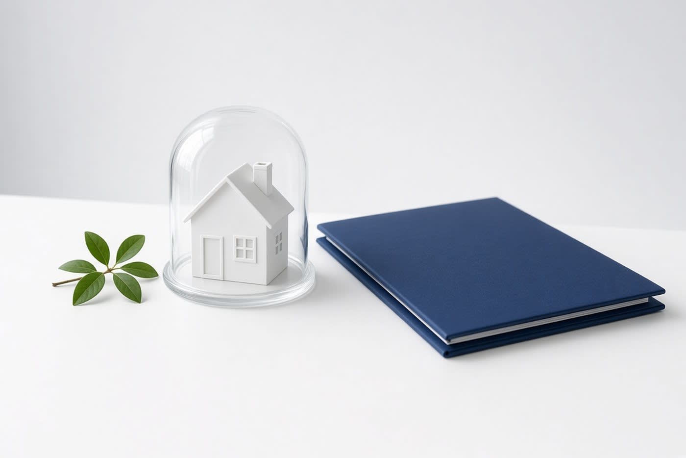 White model house under a glass cloche beside a navy document folder
