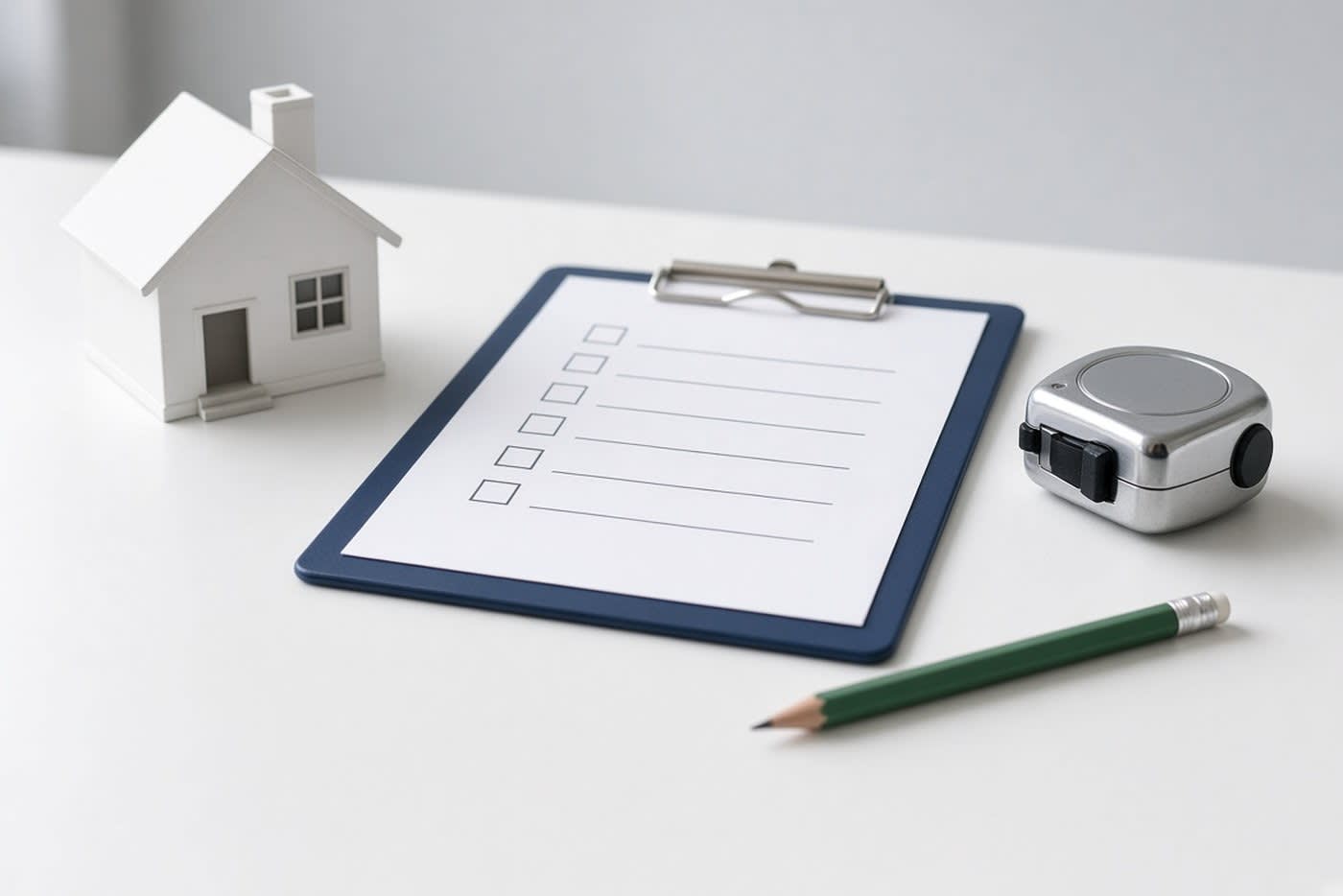 White model house beside a navy clipboard with a blank inspection checklist, a silver tape measure and a green pencil on a white desk