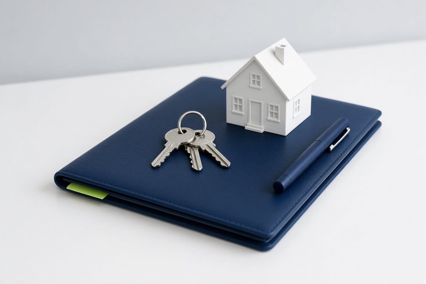 House keys on a closed navy closing folder beside a white model house and a capped pen