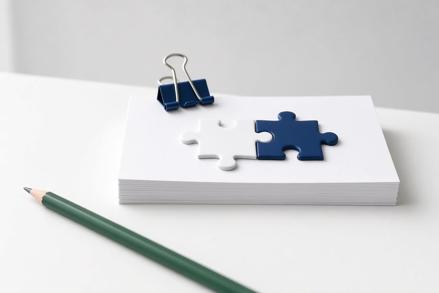 Two interlocking puzzle pieces resting on a blank contract held with a navy binder clip