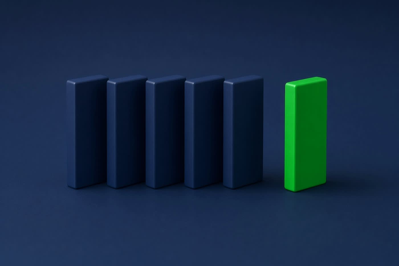 Row of navy dominoes with a gap and one green domino beyond it