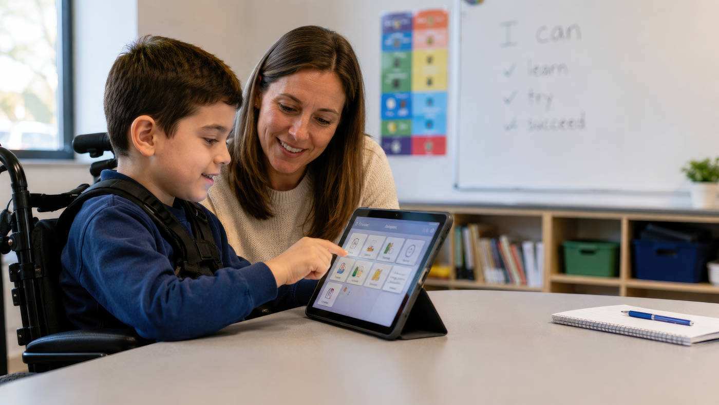 Teacher guiding a smiling boy in a wheelchair using a tablet for communication