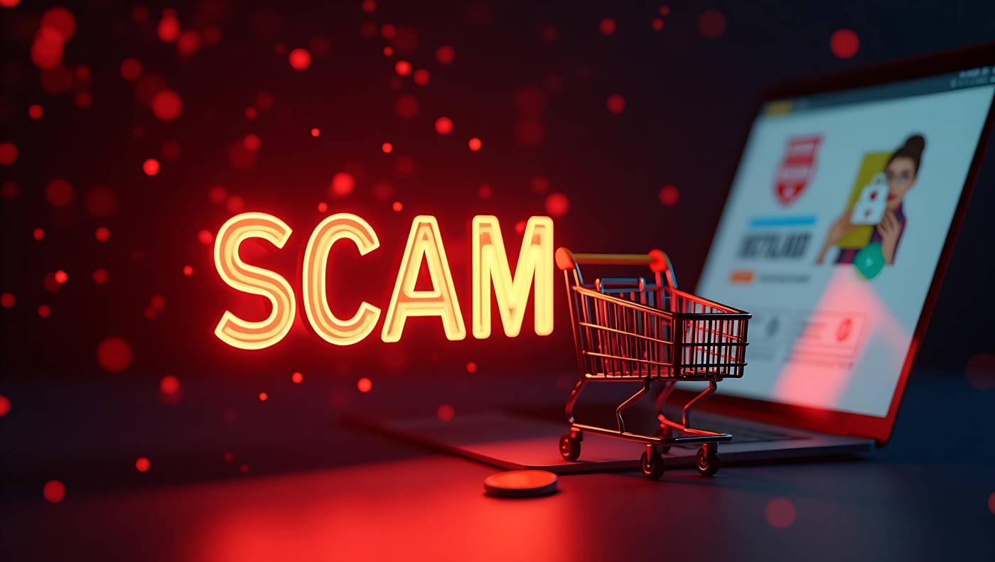 Shopping cart and a glowing 'SCAM' message