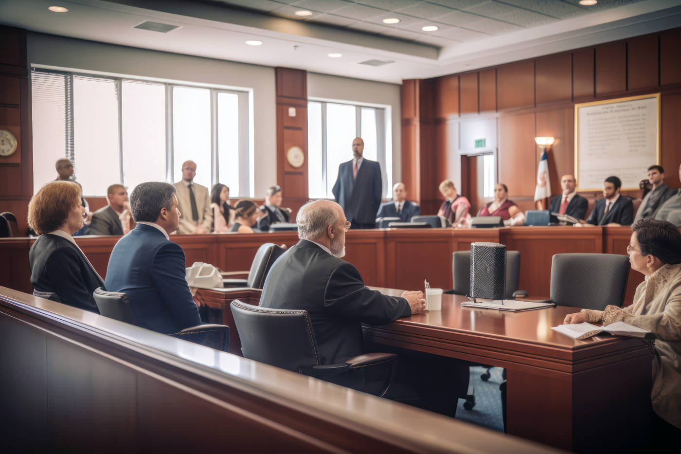 attorney and client in a court room at a table looking at judge