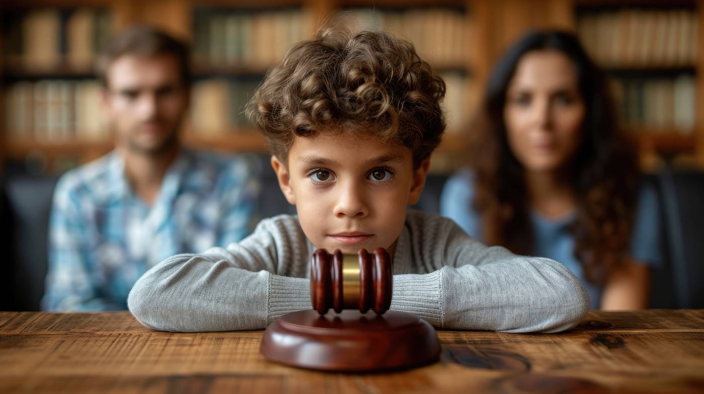 Cute child and gavel with blurred divorced parents in background