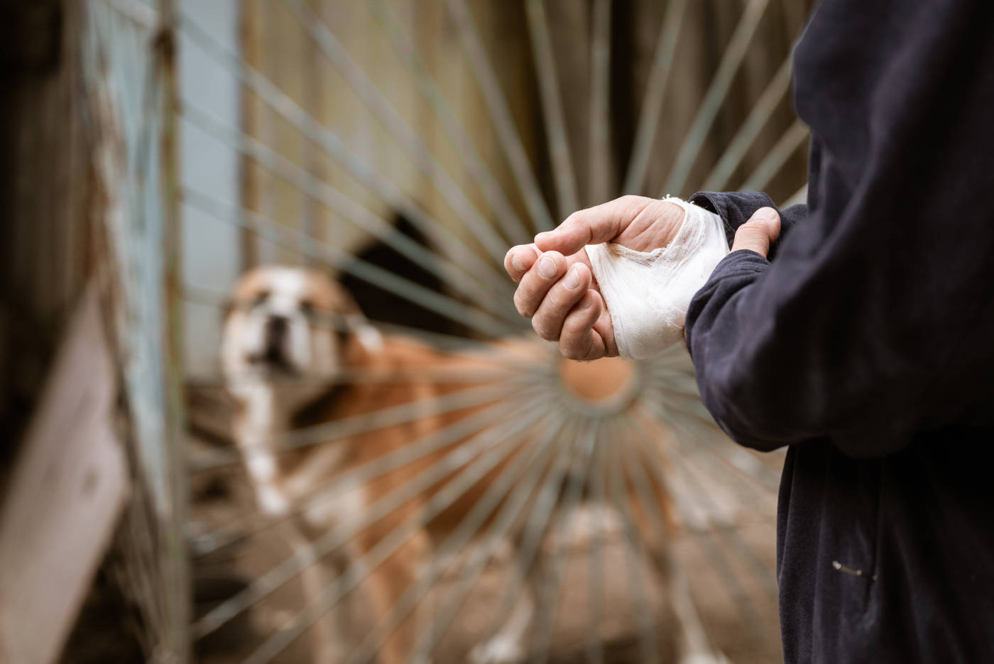 Bandaged human hand with dog in background