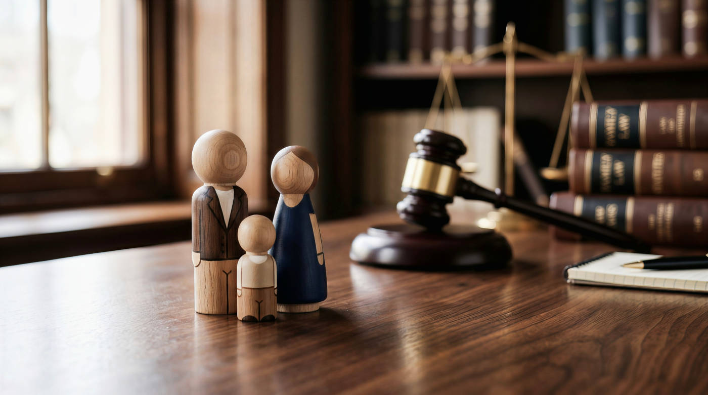 Judge gavel and wooden figures in table