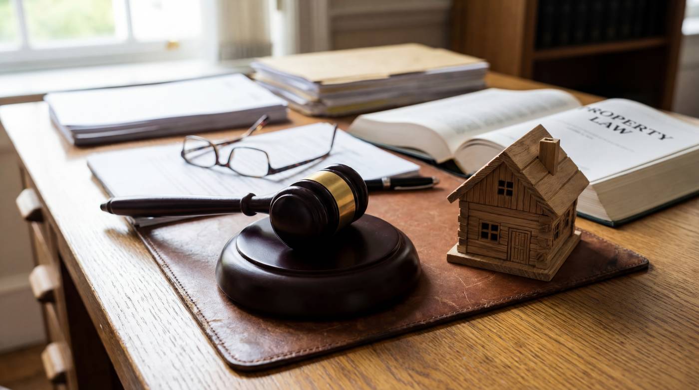 House model, gavel and document in table
