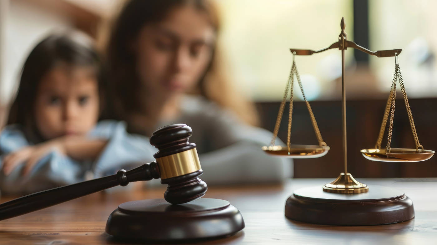 Gavel and Scale of justice with mother and child in background