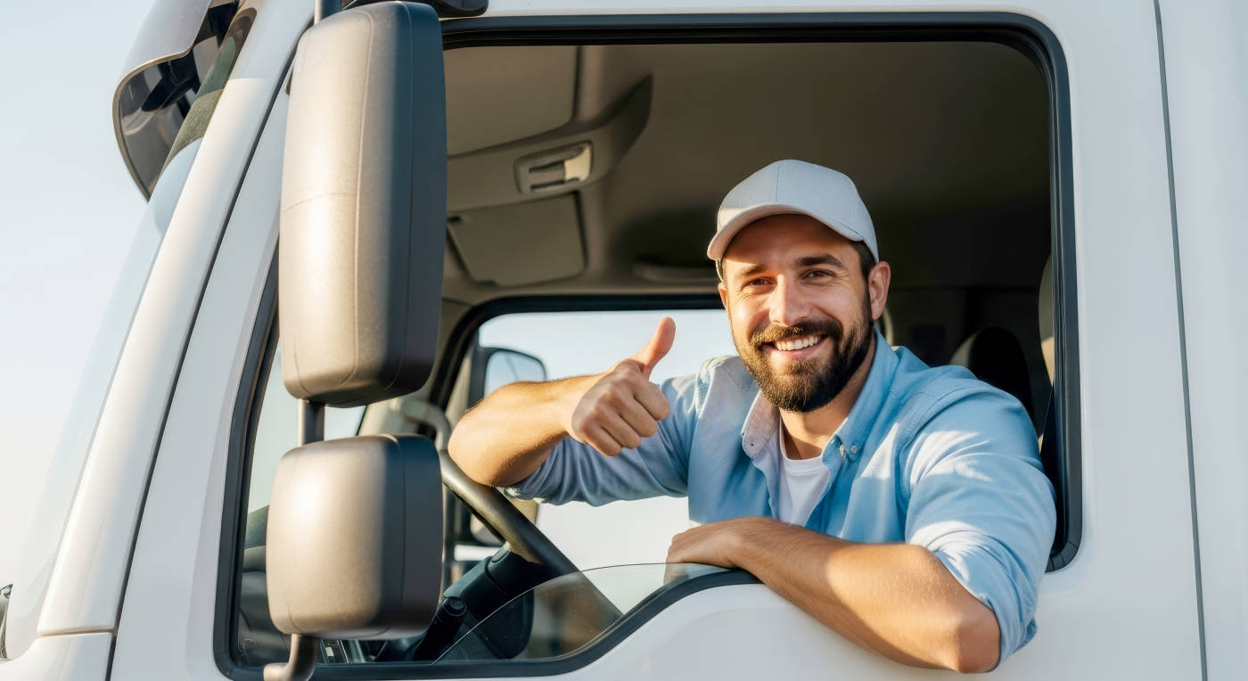Happy truck driver giving thumbs up from cabin