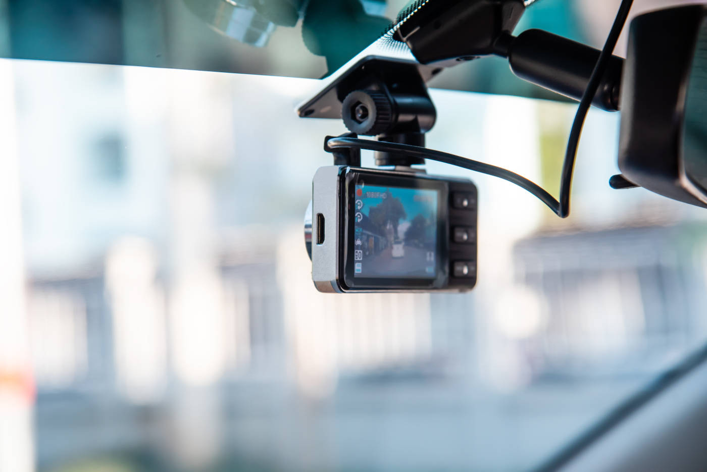 Dashcam attached on windshield of a car