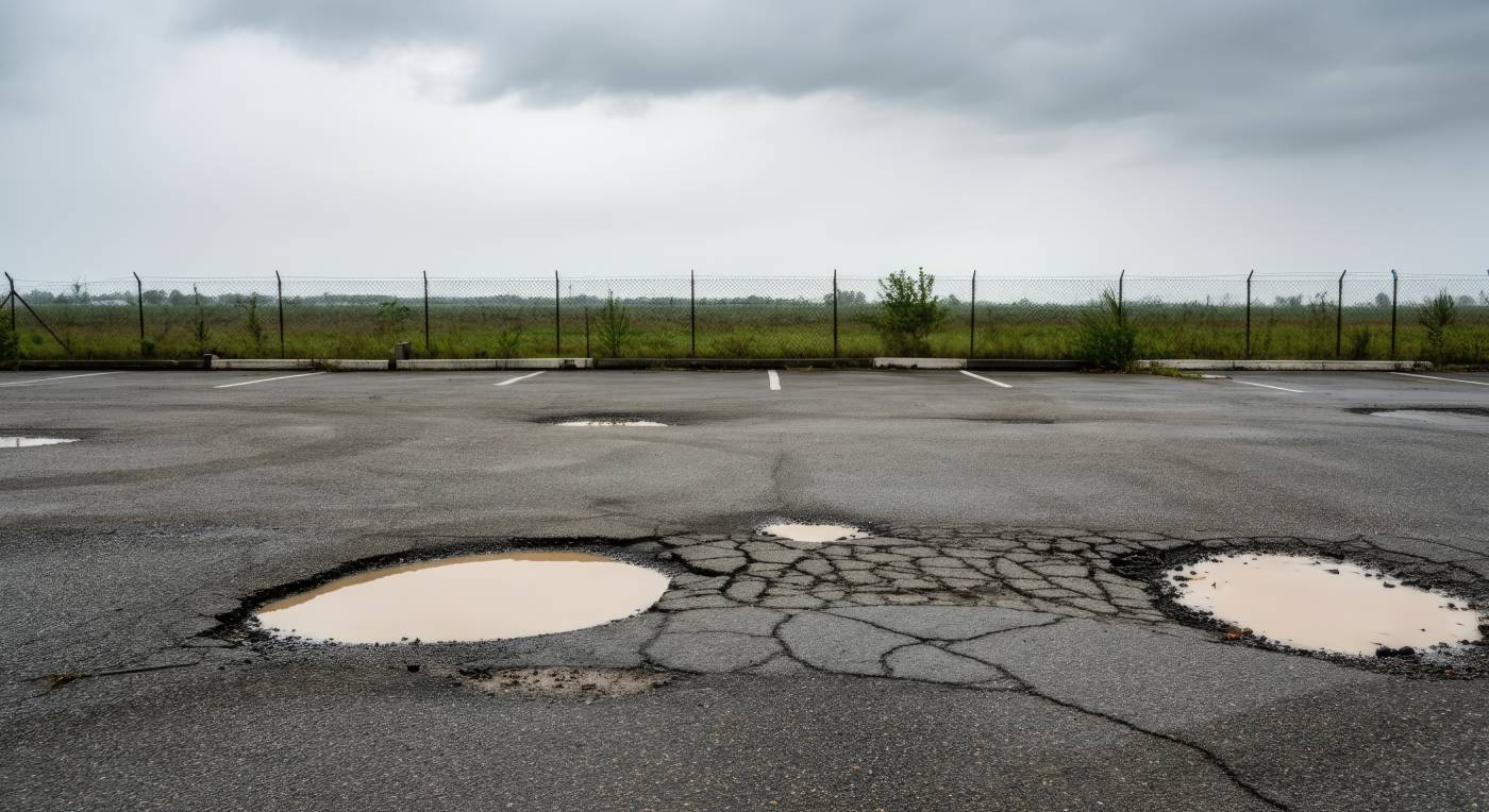 Empty cracked asphalt parking lot with puddle