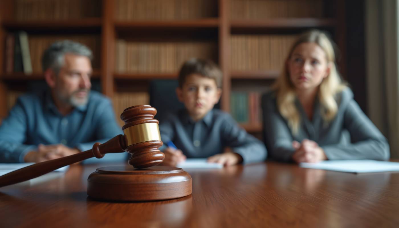 Gavel on table with divorced parents and child in background